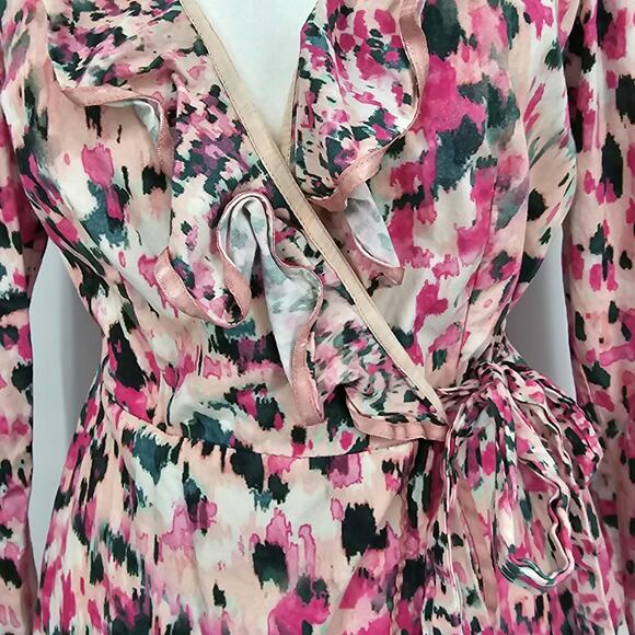 Rococo Sands Womans size S Mimi True Wrap Mini Dress Pink Long Watercolor Sleeve - Picture 2 of 8